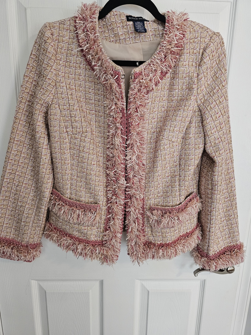 Boston Proper Blush Pink Tweed Fringe Jacket